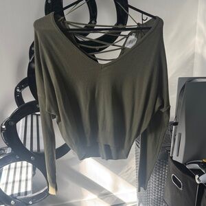 Khaki V-Neck Women's Sweatshirt with Back Detail